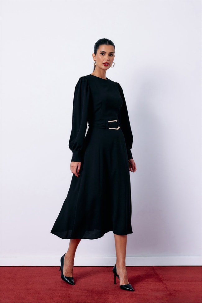 Sateen Y26 1553-3500 Kemeri Metal Tokalı Elbise Siyah