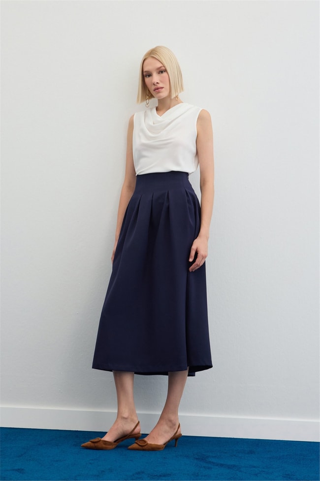 Sateen Y26 1884-4570 Pile Detaylı Midi Etek Lacivert