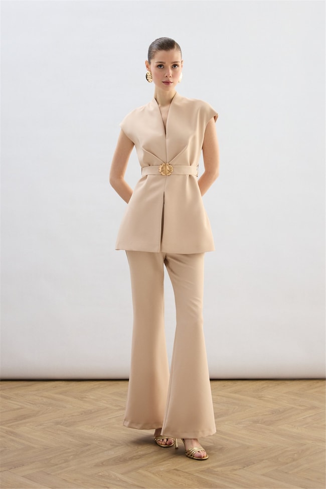 Sateen Y26 1900-1592 Toka Detaylı Bluz Bej