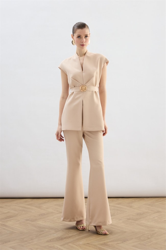 Sateen Y26 1900-1592 Toka Detaylı Bluz Bej