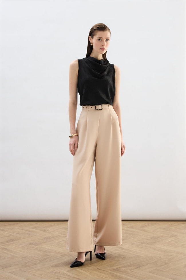 Sateen Y26 1920-5538 Kemer Detaylı Bol Pantolon Bej