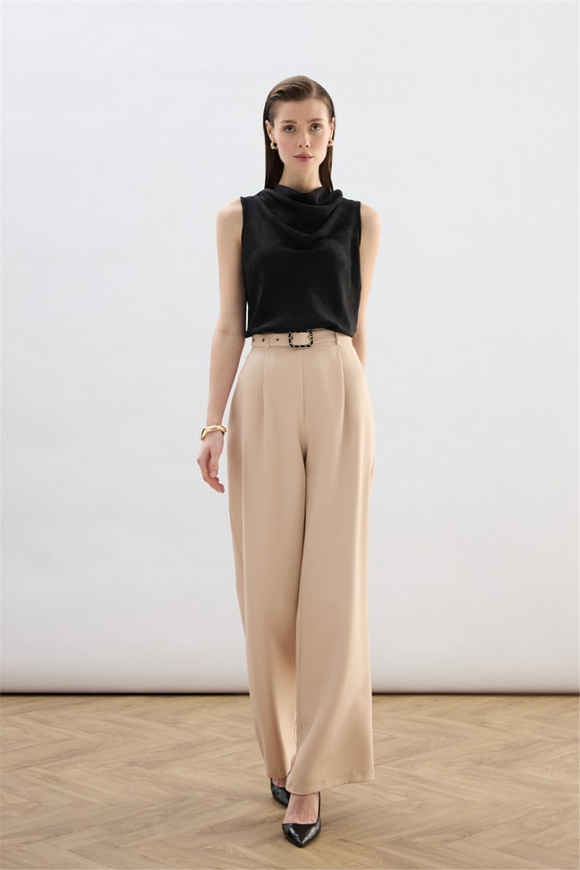 Sateen Y26 1920-5538 Kemer Detaylı Bol Pantolon Bej