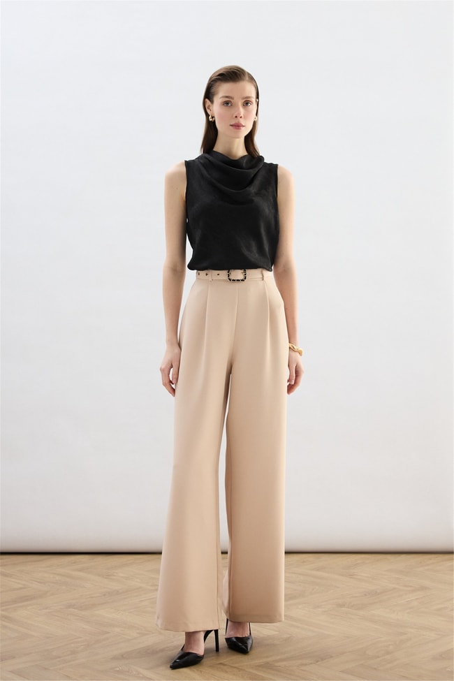 Sateen Y26 1920-5538 Kemer Detaylı Bol Pantolon Bej
