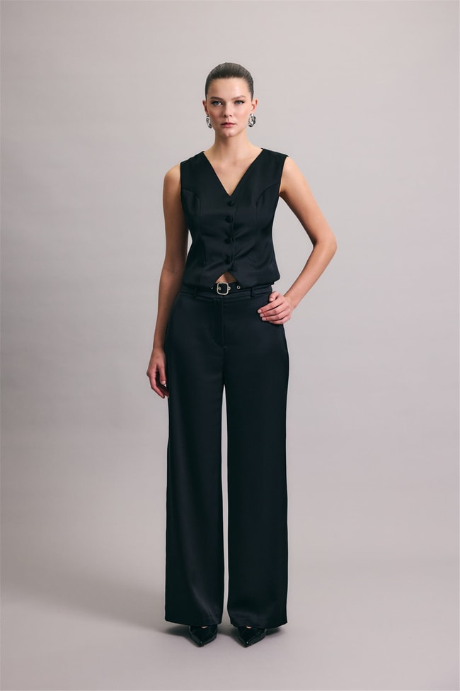 Sateen Y26 1956-5067 Kemer Detaylı Saten Pantolon Siyah
