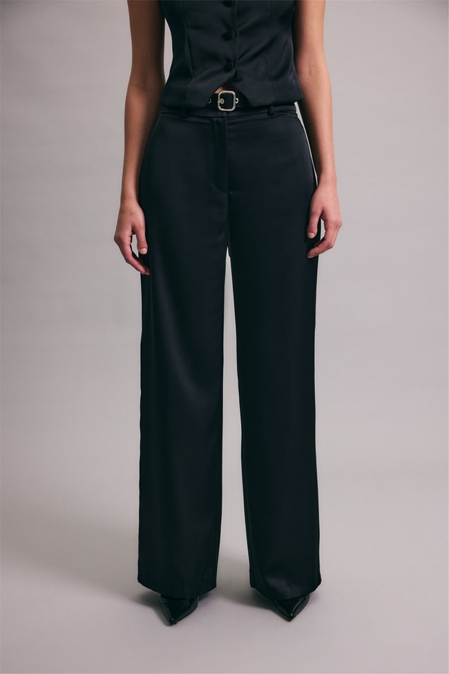 Sateen Y26 1956-5067 Kemer Detaylı Saten Pantolon Siyah