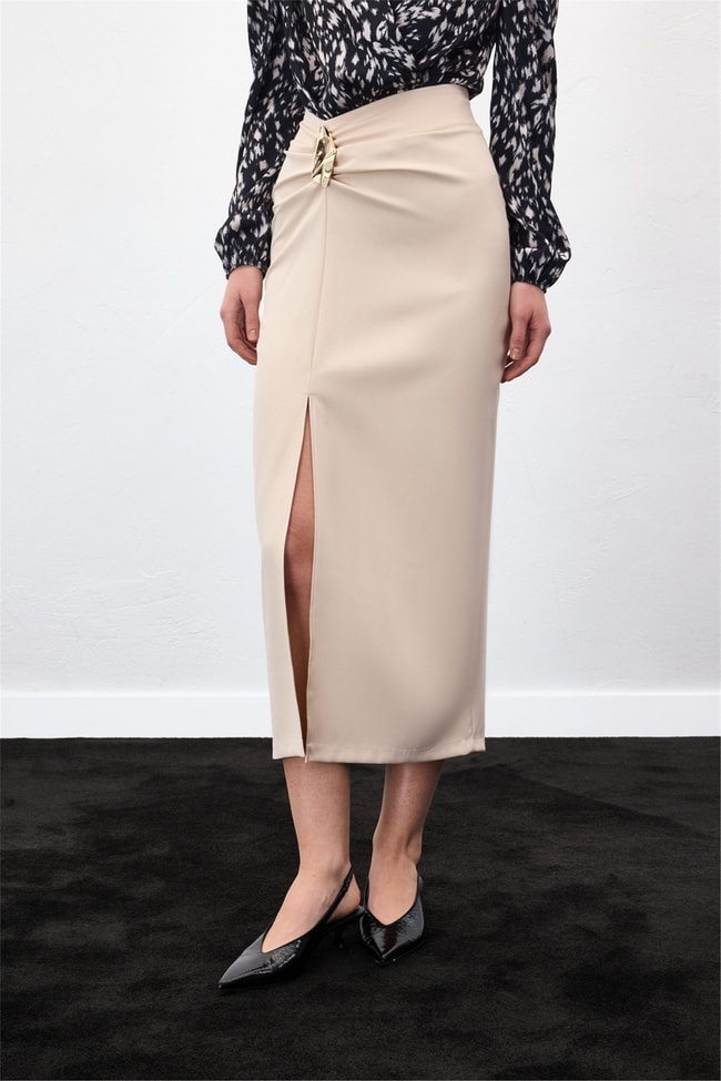 Sateen Y26 1964-4099 Aksesuarlı Maxi Boy Etek Bej