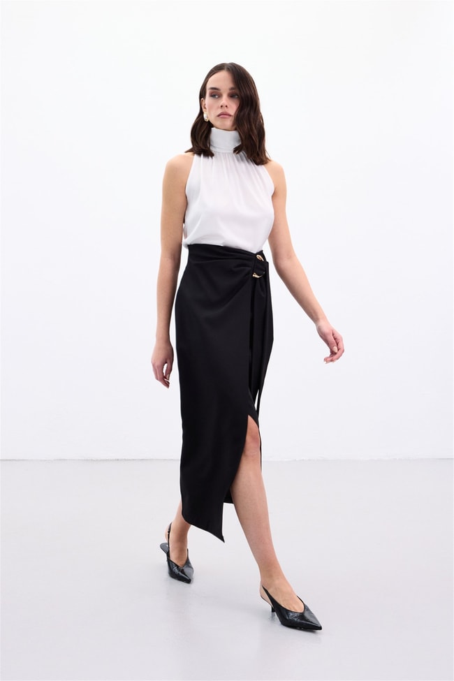 Sateen Y26 1976-4096 Kuşak Detaylı Midi Etek Siyah