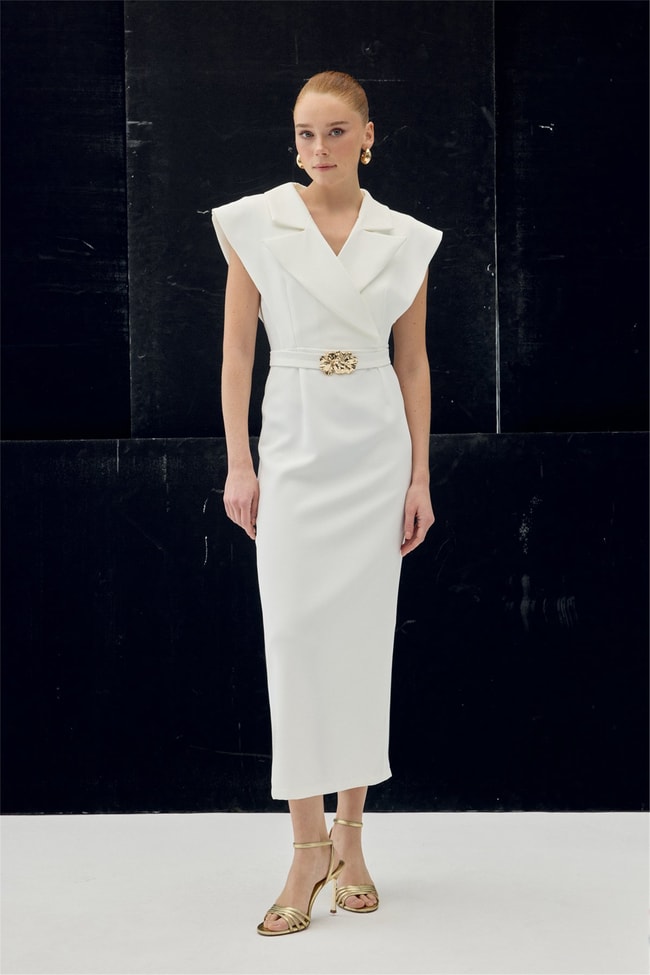 Sateen Y26 1980-3083 Aksesuar Detaylı Maxi Elbise Ekru Kadın