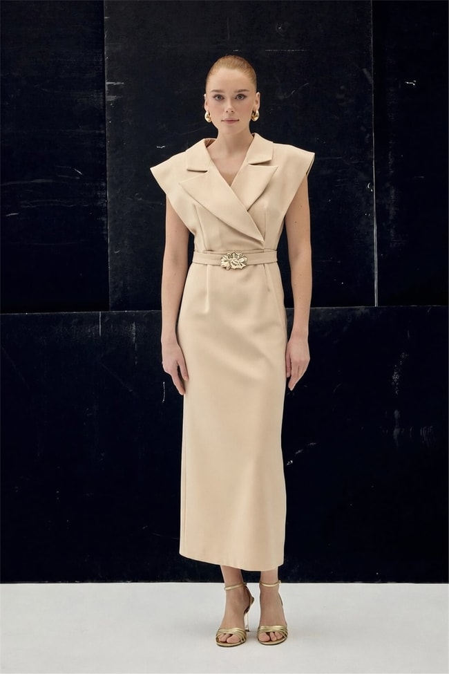Sateen Y26 1980-3083 Aksesuar Detaylı Maxi Elbise Bej Kadın