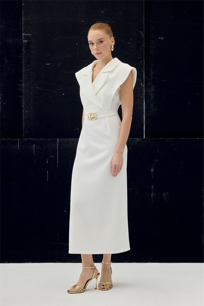 Sateen Y26 1980-3083 Aksesuar Detaylı Maxi Elbise Ekru Kadın