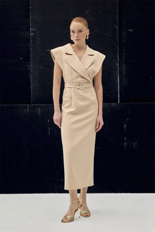 Sateen Y26 1980-3083 Aksesuar Detaylı Maxi Elbise Bej Kadın