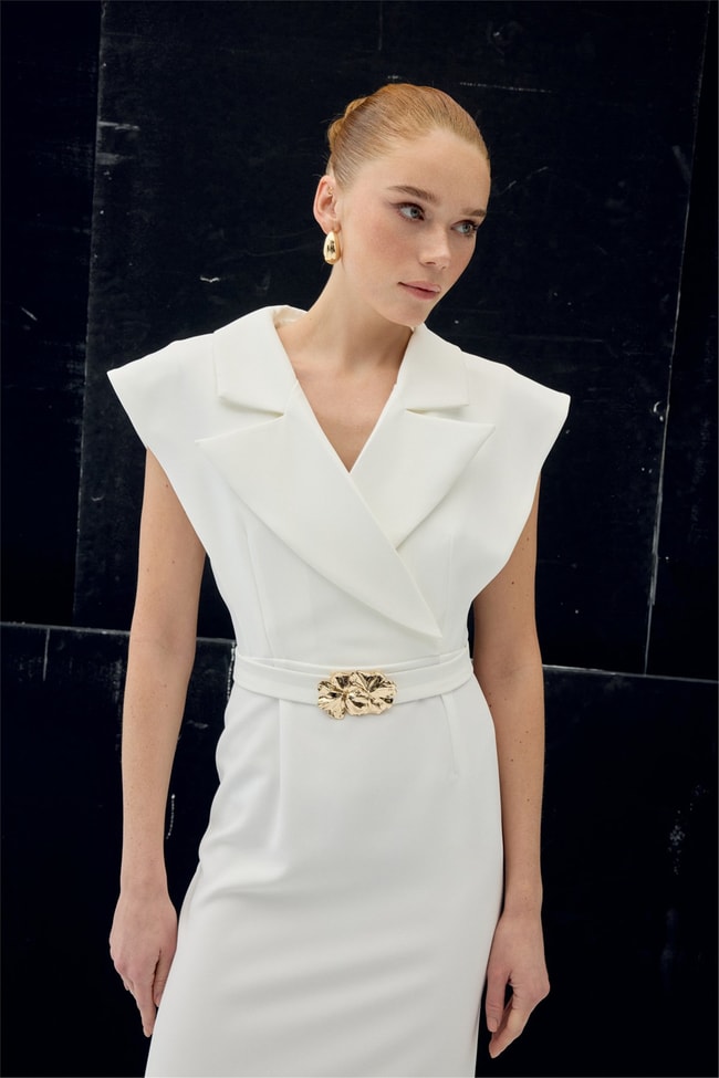 Sateen Y26 1980-3083 Aksesuar Detaylı Maxi Elbise Ekru Kadın