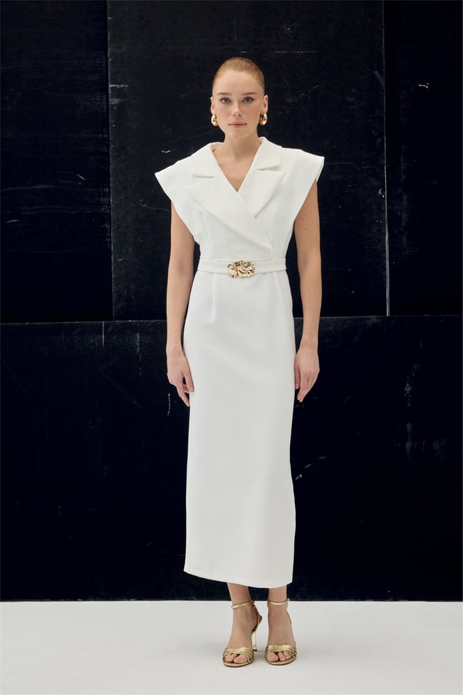 Sateen Y26 1980-3083 Aksesuar Detaylı Maxi Elbise Ekru Kadın