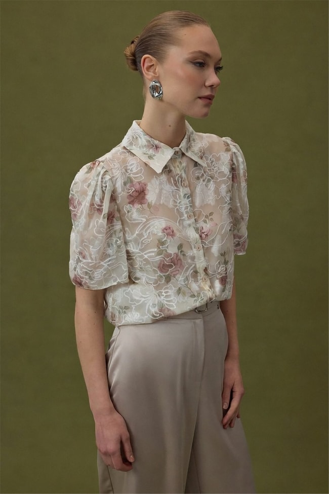 Sateen Y26 2121-2189 Nakışlı Kısa Kollu Gömlek Pudra