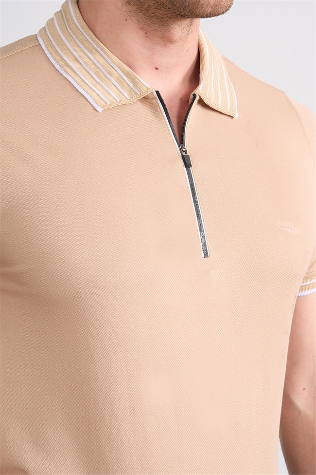 Troy Y26 26537 Bej Erkek Pepe Polo Yak.Cızgılı Fermuarlı T-Shirt