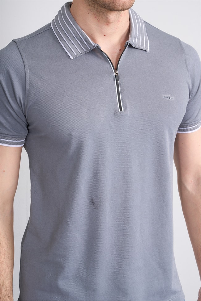 Troy Y26 26537 Füme Erkek Pepe Polo Yak.Cızgılı Fermuarlı T-Shirt
