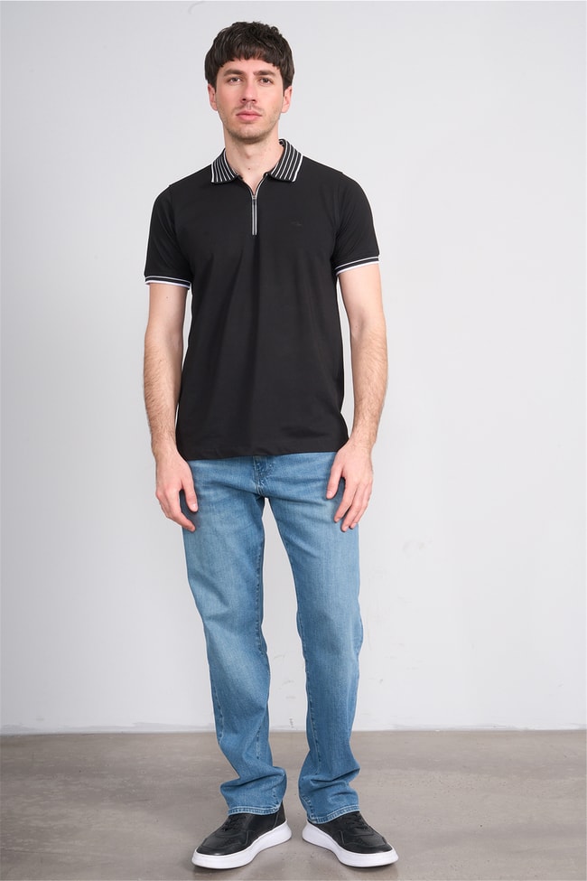 Troy Y26 26537 Siyah Erkek Pepe Polo Yak.Cızgılı Fermuarlı T-Shirt