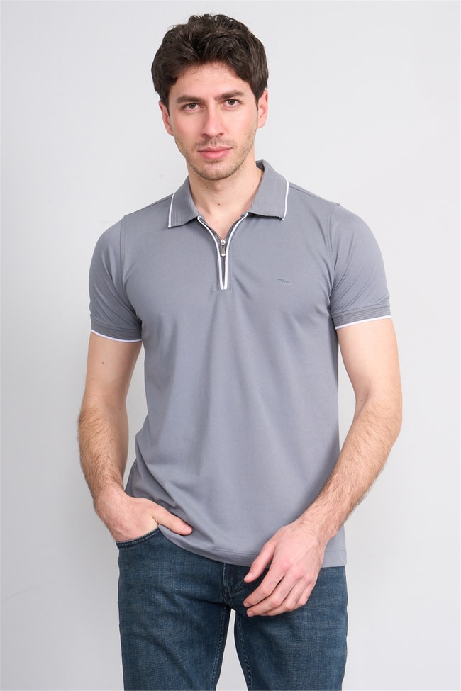 Troy Y26 26545 Gri Erkek Pepe Fermuarlı Polo T-Shirt