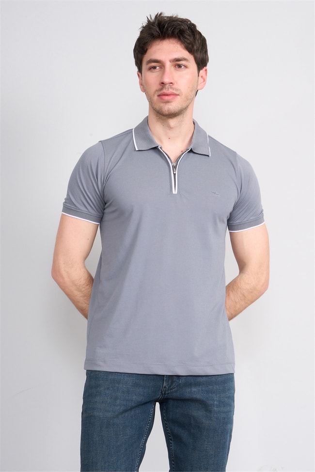 Troy Y26 26545 Gri Erkek Pepe Fermuarlı Polo T-Shirt