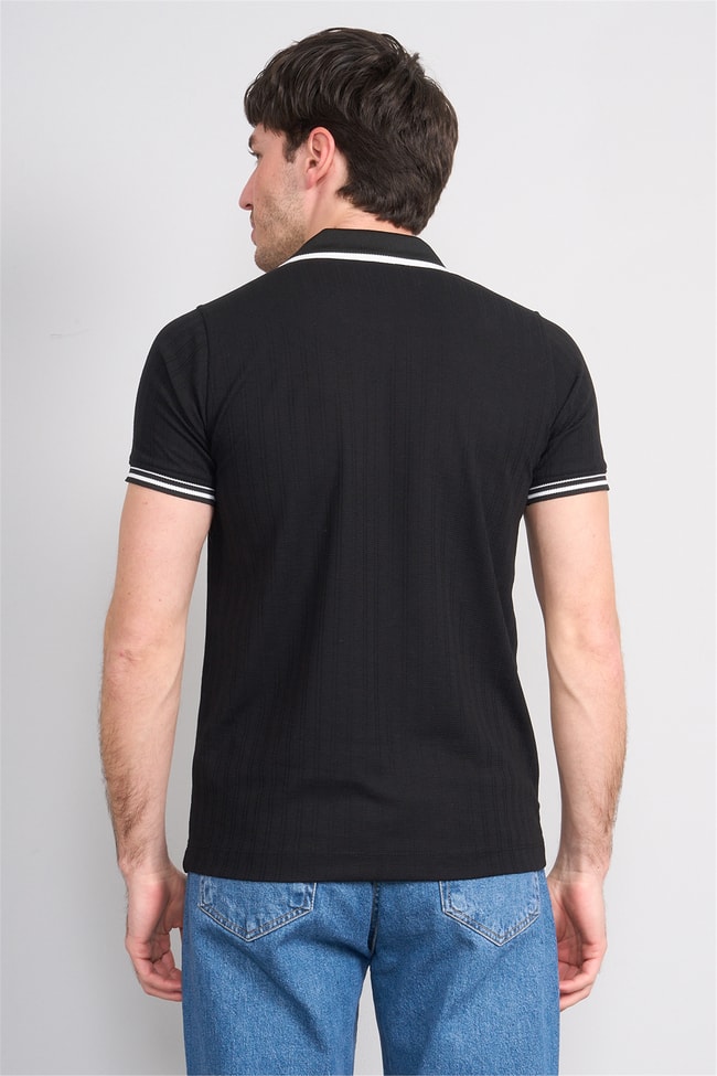Troy Y26 26550 Siyah Erkek Kare Cızgılı Patlı Polo Yaka T-Shirt