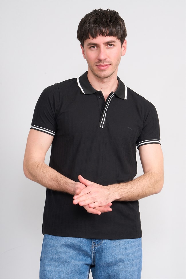 Troy Y26 26550 Siyah Erkek Kare Cızgılı Patlı Polo Yaka T-Shirt