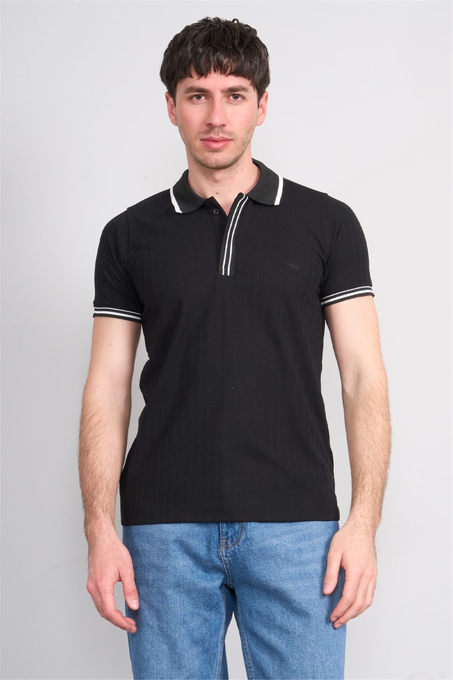 Troy Y26 26550 Siyah Erkek Kare Cızgılı Patlı Polo Yaka T-Shirt