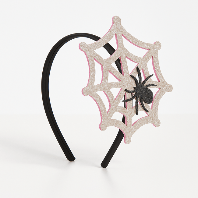 Kız Çocuk Pamuklu Örümcek Ağı Figürlü Parlak Halloween Tacı – Simli Saç Aksesuarı