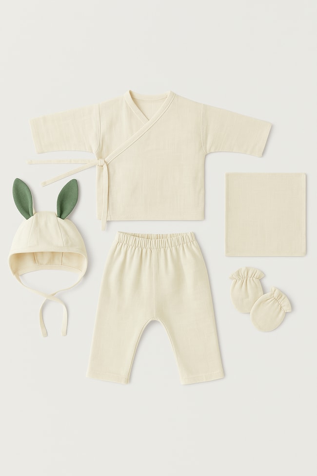 Unisex Bebek Pamuklu Ekru Tavşan Kulaklı 5 Parça Hastane Çıkışı Takımı