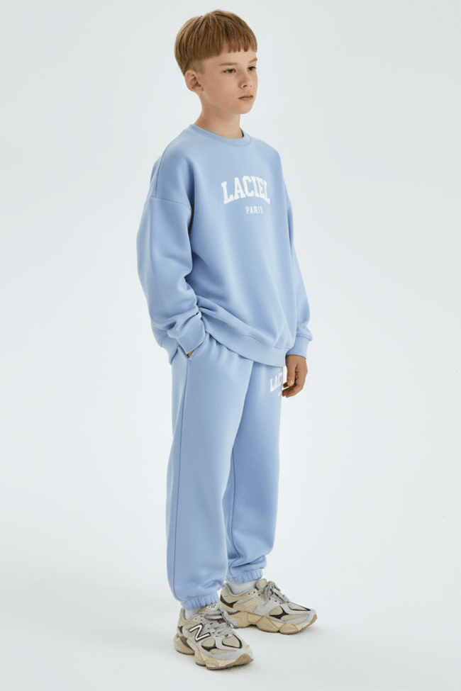 Erkek Çocuk Pamuklu Bebe Mavi Oversize Eşofman Takım - Baskılı Sweatshirt ve Eşofman Altı