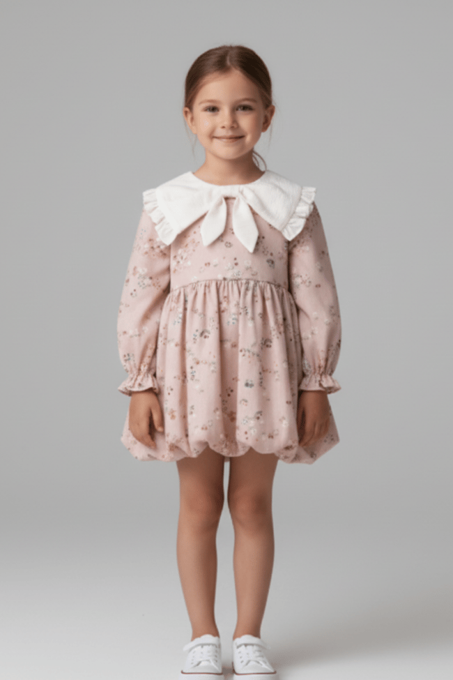 Kız Çocuk Pamuklu Pudra Çiçek Desenli Elbise - Fırfır Yaka, Uzun Kollu, Fiyonk Detaylı