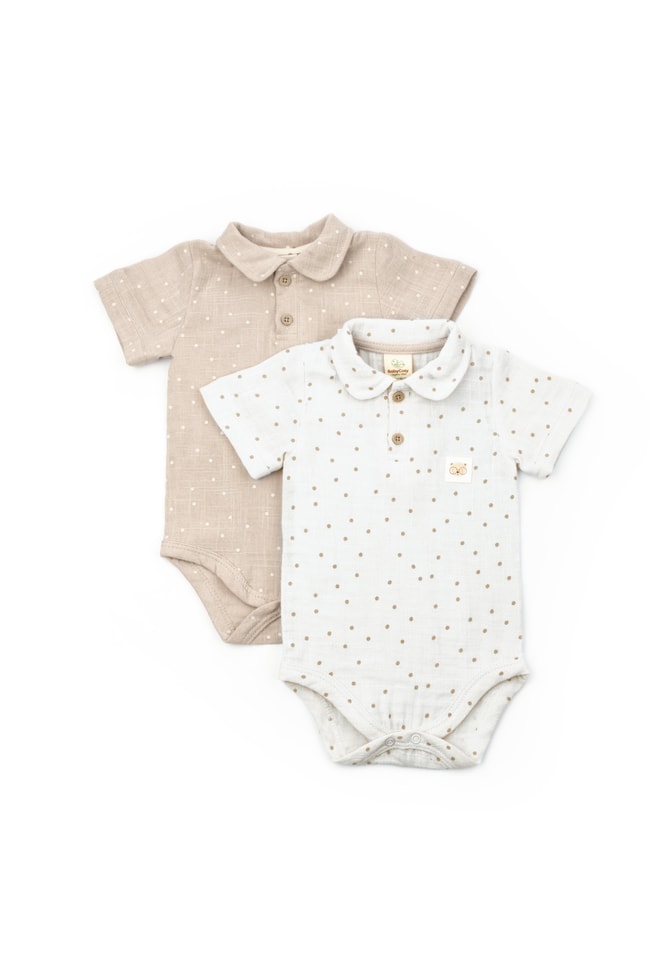  Erkek Bebek Pamuklu Bej Noktalı Gömlek Yaka Müslin Body Seti