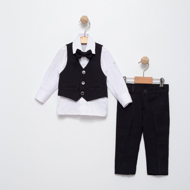 Siyah Çocuk Takım Elbise Şık Tasarım Papyonlu Yelekli Smokin