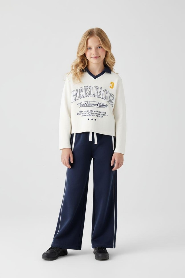 Kız Çocuk Pamuklu Lacivert-Beyaz Paris League Yazılı Eşofman Takımı - Kontrast Şeritli Geniş Paça