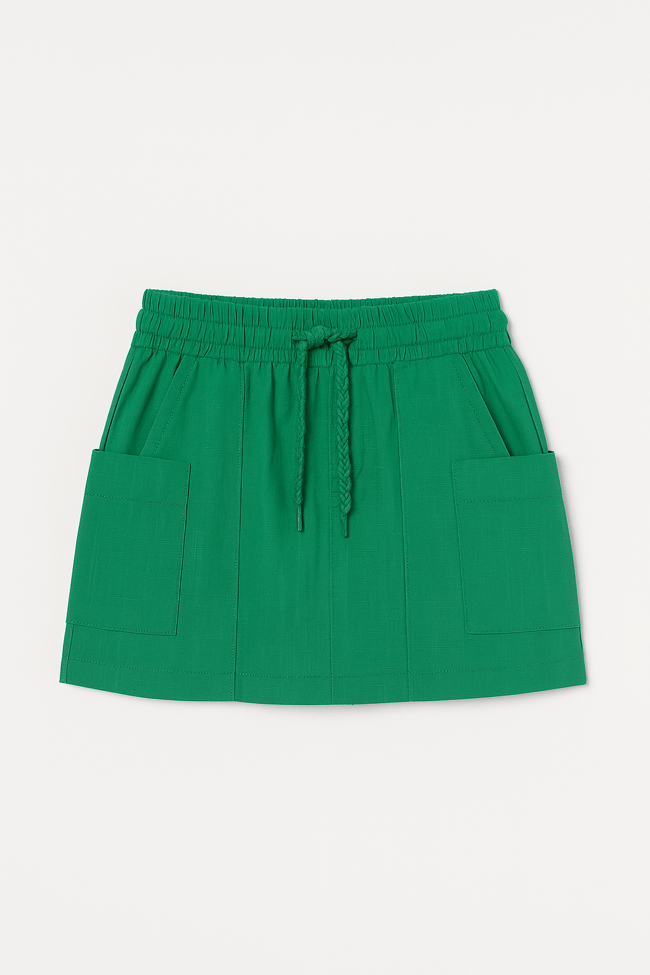 Kız Çocuk Pamuklu Yeşil Cepli Bağcıklı Etek - Rahat Yazlık Model