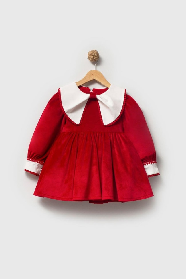 Kız Çocuk Pamuklu Kadife Kırmızı Beyaz Yakalı Elbise - Balon Kol ve Ponpon Detaylı