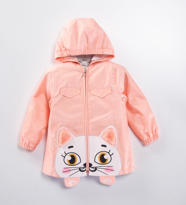 Kız Çocuk Pembe Puanlı Kapüşonlu Kedi Desenli Yağmurluk