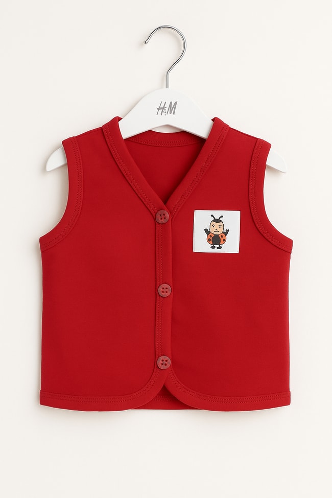Unisex Bebek Pamuklu Kırmızı Uğur Böceği Desenli Yelek - Düğme Kapamalı