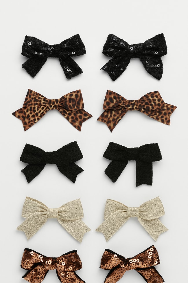 Kız Çocuk 10'li Fiyonk Toka Seti – Leopar, Simli ve Payetli Tasarımlar