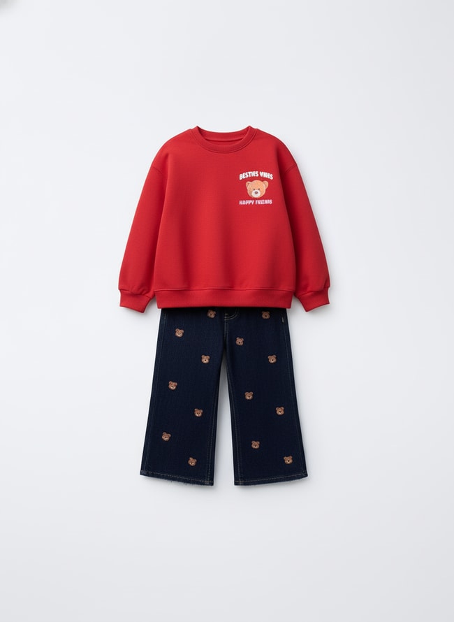 Kız Çocuk Pamuklu Kırmızı Ayı Baskılı Sweatshirt ve Nakışlı Kot Pantolon Takım – Rahat Günlük Stil