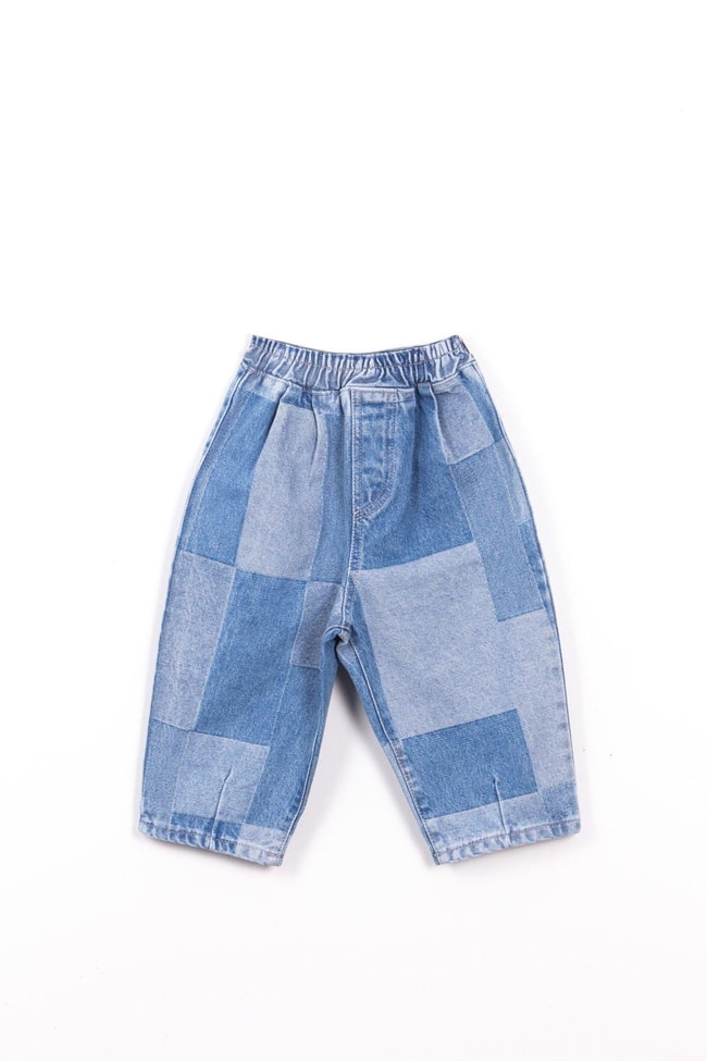 Erkek Çocuk Pamuklu Mavi Patchwork Kot Pantolon - Lastikli Bel Rahat Kesim