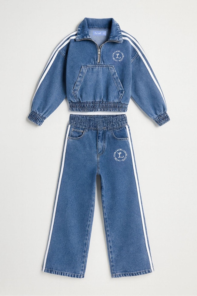 Unisex Çocuk Pamuklu Mavi Jean Sweatshirt ve Pantolon Takım - Yan Şeritli