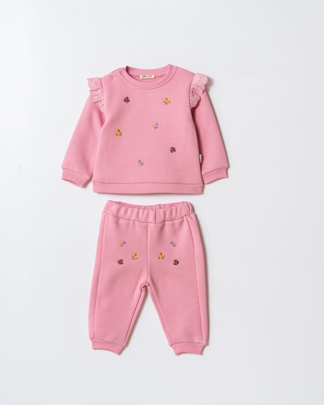 Kız Çocuk Pamuklu Pembe Çiçek Nakışlı Dantel Detaylı Sweatshirt ve Eşofman Takım