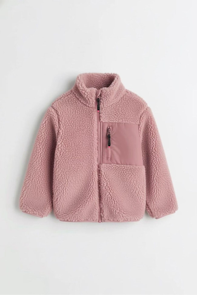 Kız Çocuk Pamuklu Pembe Polar Mont – Fermuarlı Cepli Peluş Görünümlü