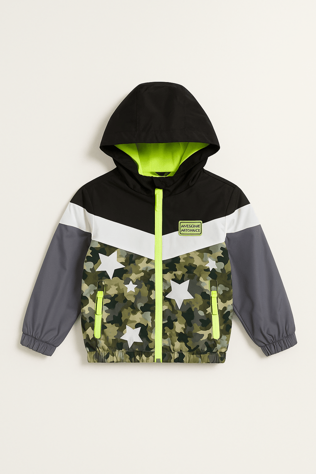 Erkek Çocuk Kapüşonlu Kamuflaj Desenli Yıldız Baskılı Rüzgarlık Mont - Su Geçirmez Fermuarlı Ceket