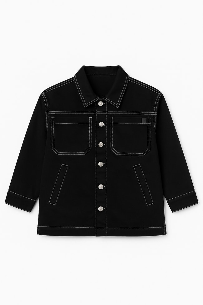 Kız Çocuk Kot  Siyah Kontrast Dikişli Cepli Düğmeli Ceket