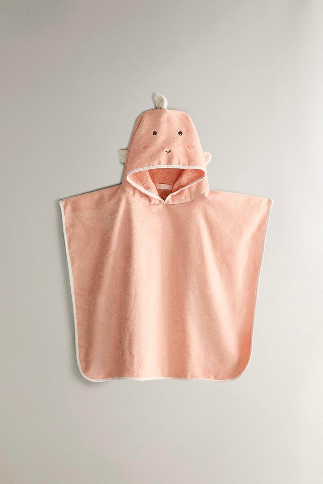 Pamuklu Somon Kapüşonlu Çocuk Ponço Havlu - Sevimli Yüz Desenli