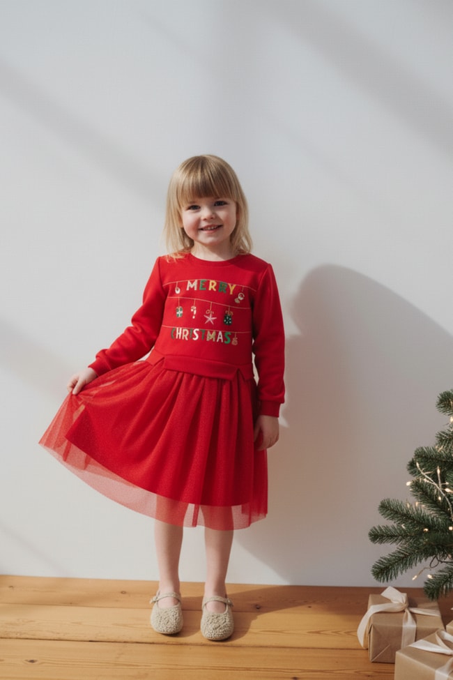 Kız Çocuk Pamuklu Kırmızı Yeni Yıl Temalı Tüllü Elbise - Merry Christmas Baskılı