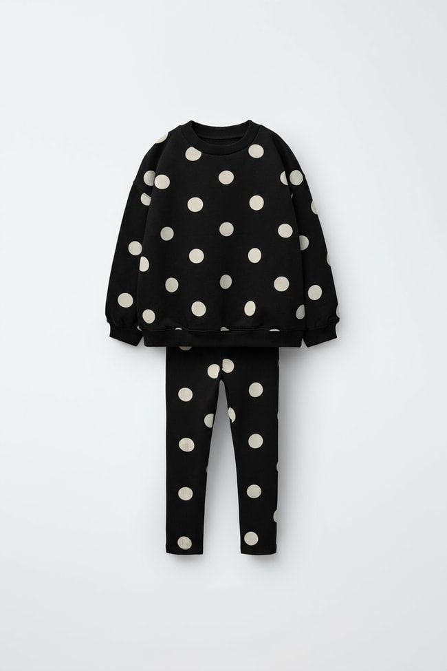 Kız Çocuk Pamuklu Siyah Puantiye Desenli Sweatshirt Tayt Alt-Üst Takım