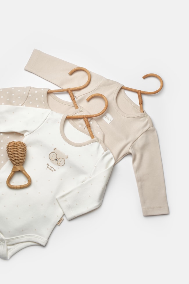 Unisex Bebek Pamuklu Bej Noktalı 3'lü Uzun Kollu Body Seti - Ayıcık Desenli