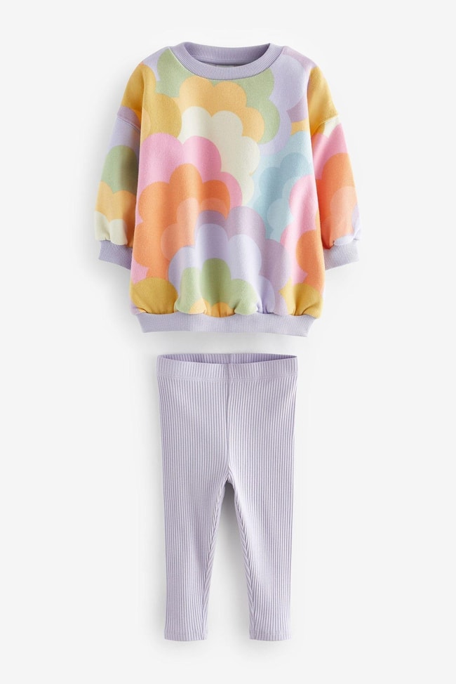 Çiçek Desenli Kışlık Pamuklu Sweatshirt Tayt Alt-Üst Takım Kız Çocuk 
